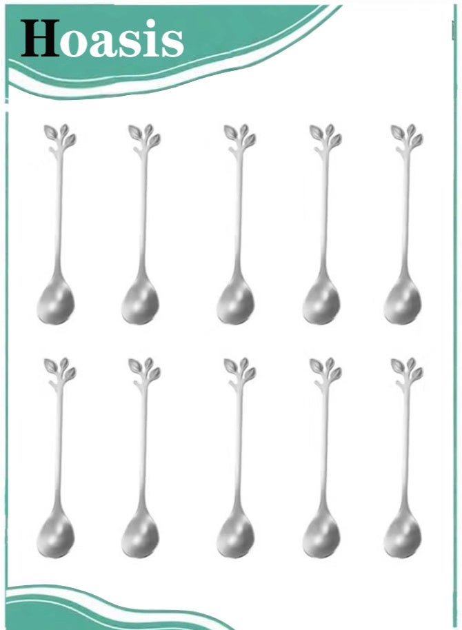 Hoasis 10-Piece Stainless Steel Silver Leaf Coffee Spoons Set – Elegant Small Teaspoons, 12 × 2.5 cm - Image 1